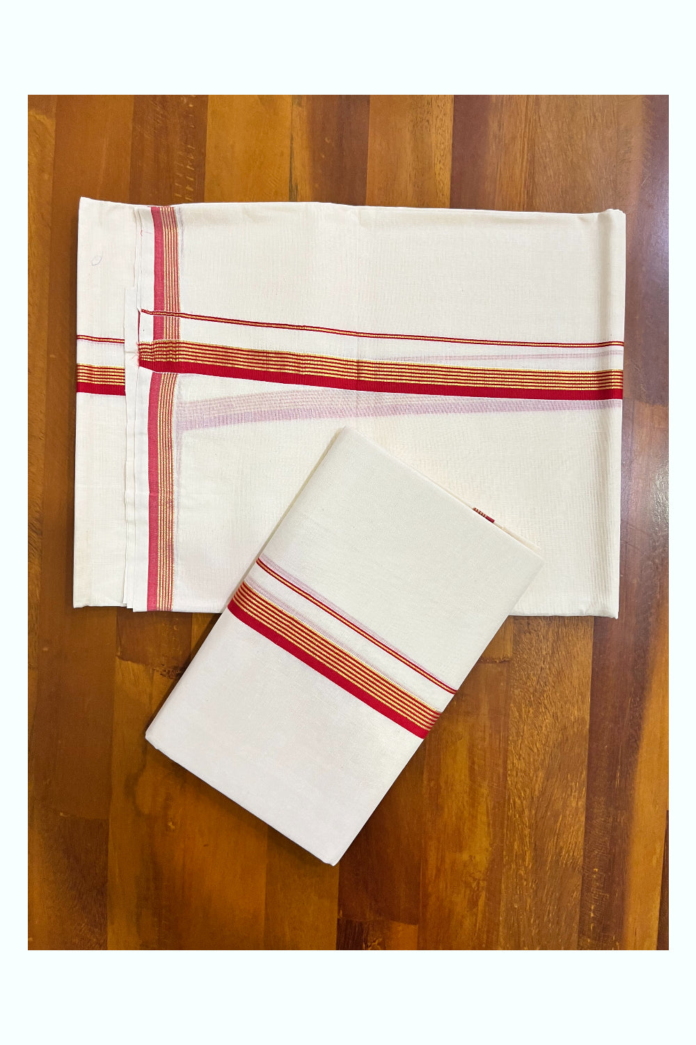 Kerala Pure Cotton Single Set Mundu (Mundum Neriyathum) with Red and Kasavu Border - 2.80Mtrs