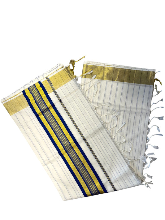Southloom Kerala Cotton Kasavu Saree with Gold And Blue Lines on Body