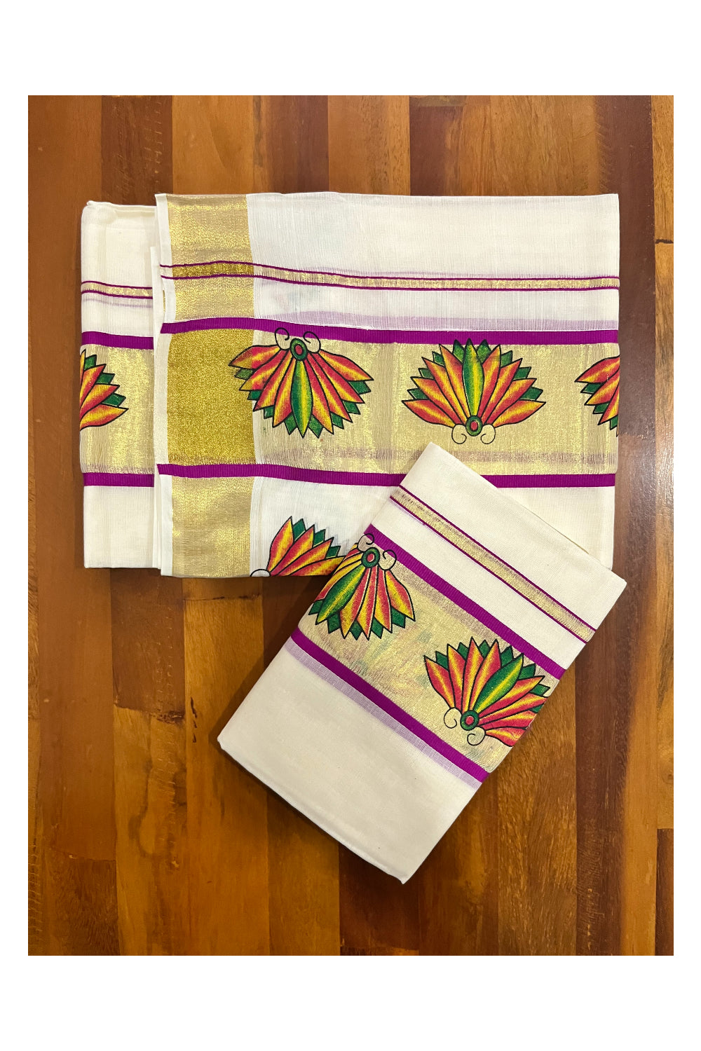 Kerala Cotton Single Set Mundu (Mundum Neriyathum) with Block Prints on Kasavu Magenta Border