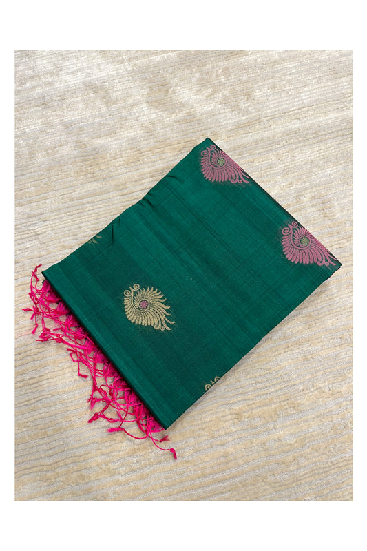 Southloom Pure Handloom Cotton Silk Saree With Handwoven Work Across Body and Blouse in Green And Magenta
