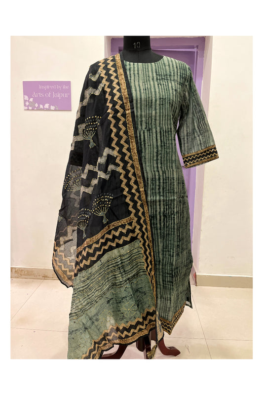 Southloom Stitched Chanderi Silk Salwar Set in Green Lines Prints
