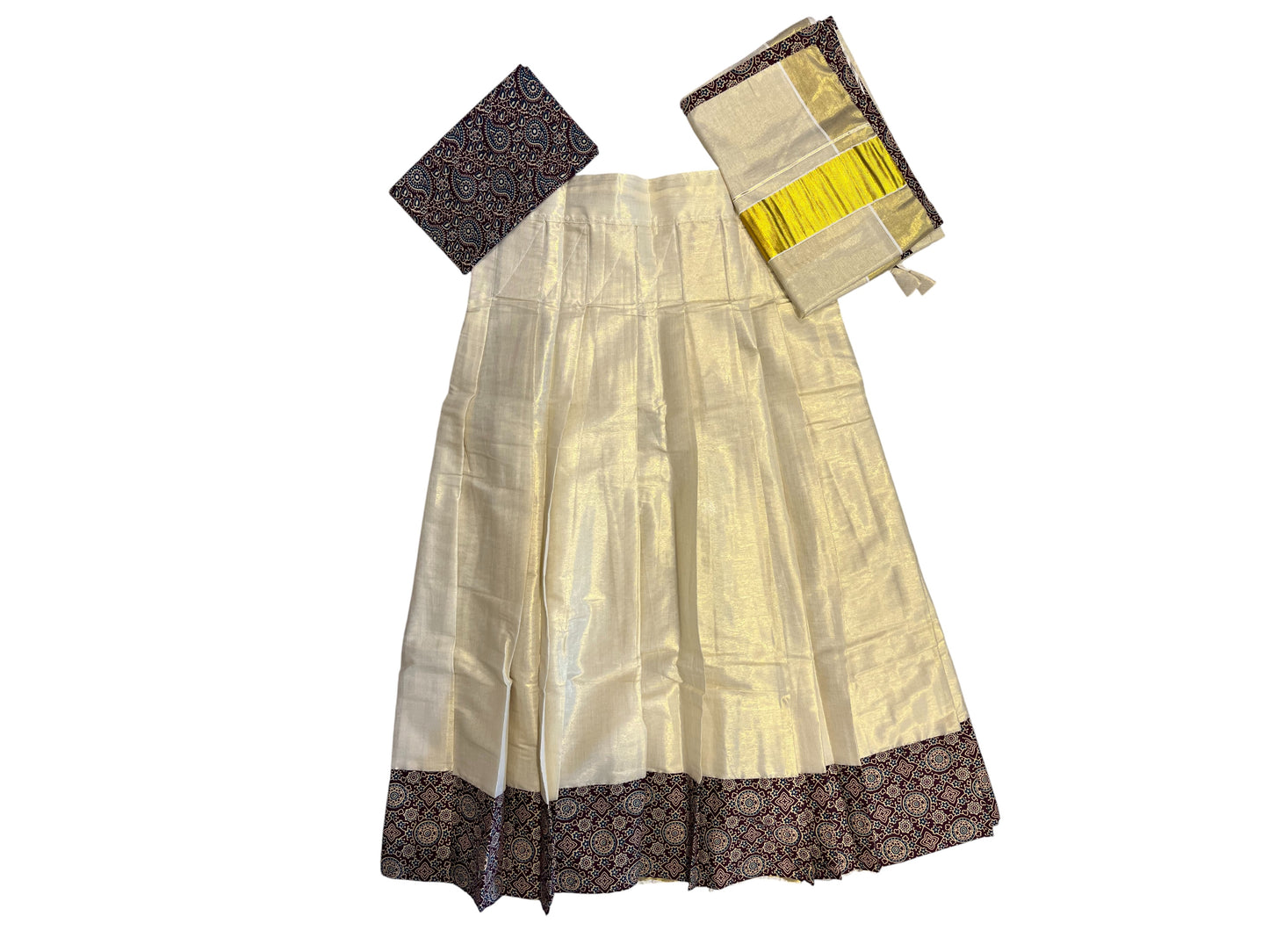 Southloom Semi Stitched Tissue Dhavani Set with Pavada and Ajrakh Blouse Piece