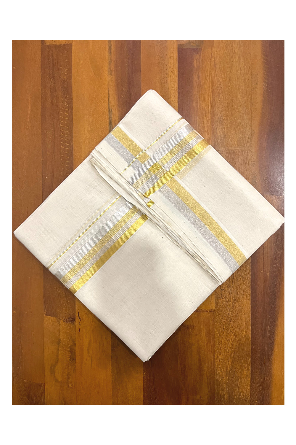 Southloom Premium Balaramapuram Unakkupaavu Wedding Handloom Mundu with Golden and Silver Kasavu Border (South Indian Kerala Dhoti)