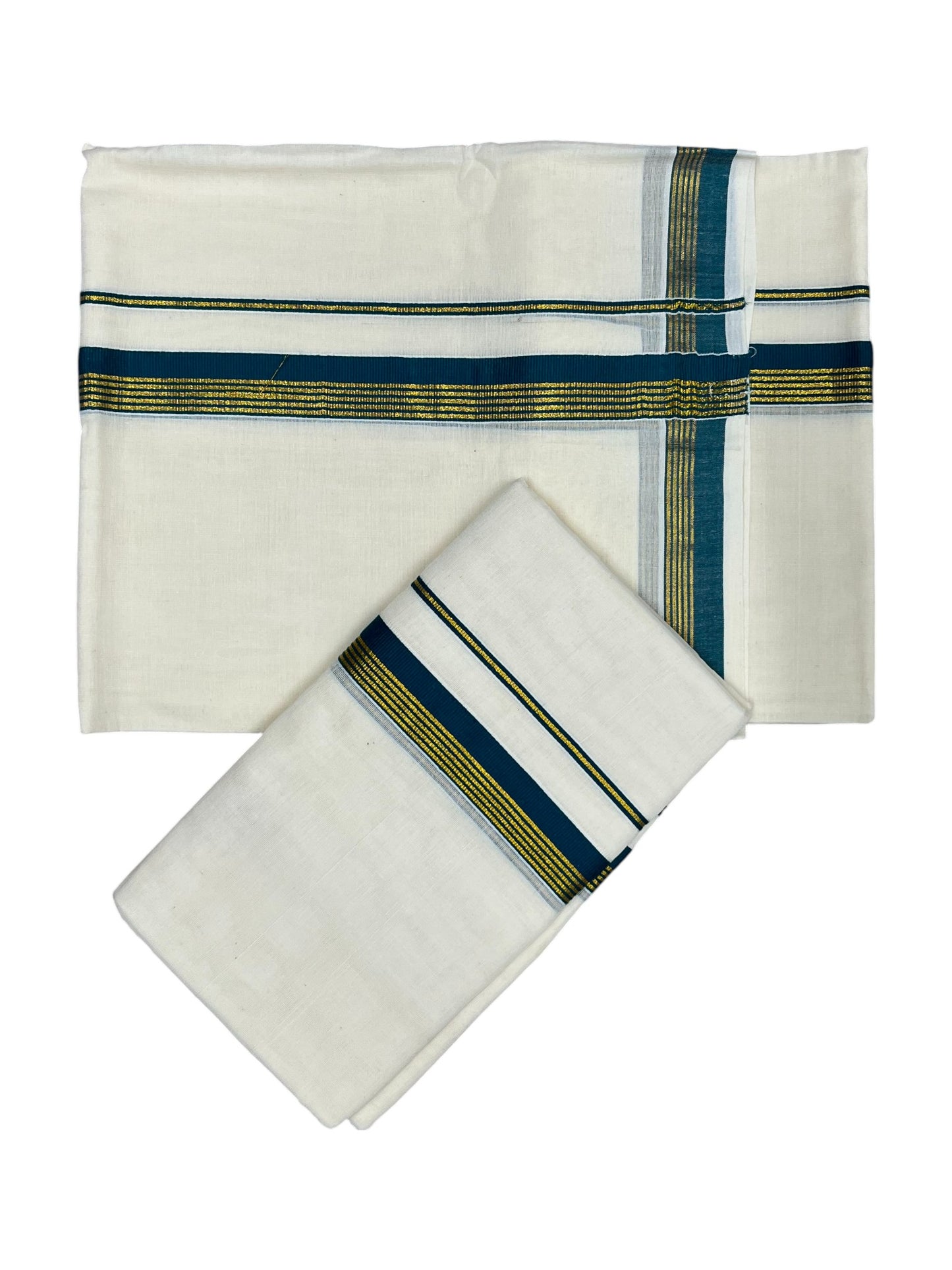 Pure Cotton Kerala Single Set Mundu (Mundum Neriyathum) with Peacock Green Kasavu Border in 2.80 Mtrs