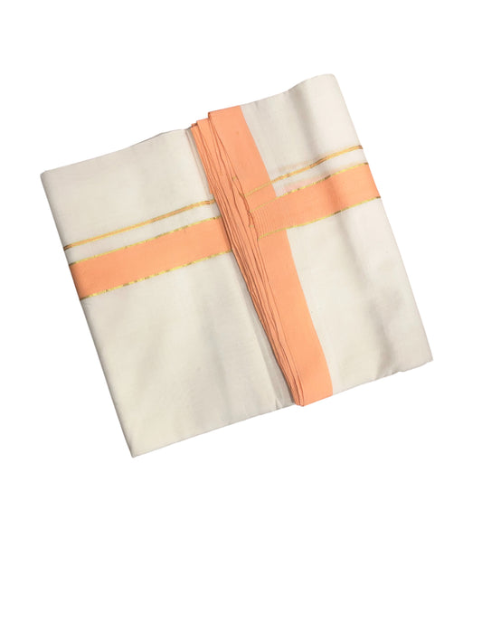 Southloom Premium Handloom Cotton Double Mundu with Peach And Kasavu Border