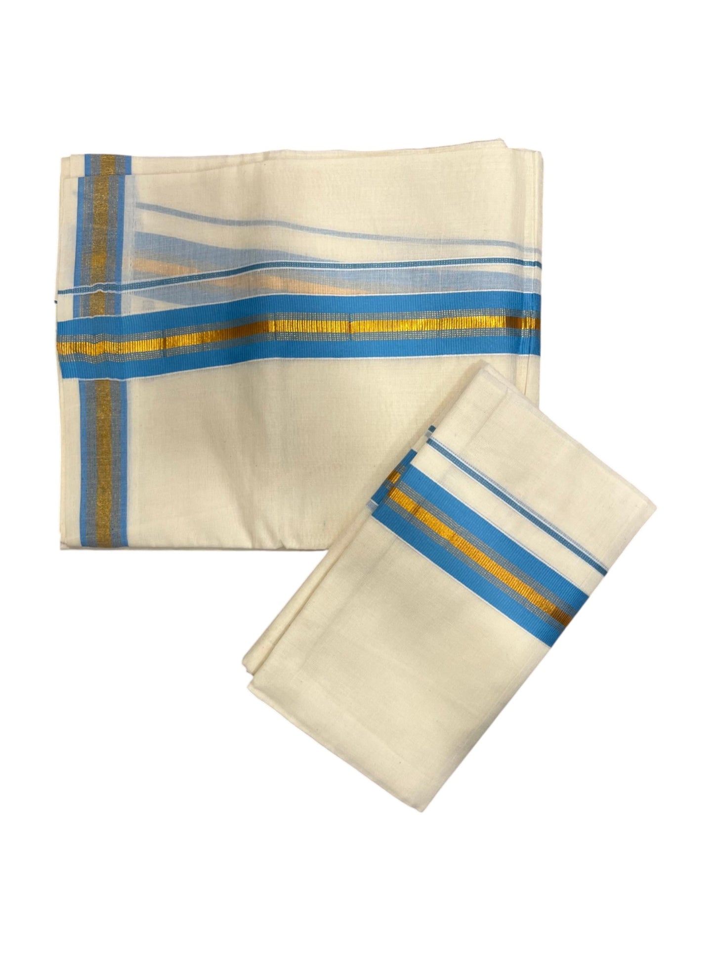 Southloom Kerala Cotton  Single Set Mundu (Mundum Neriyathum) with Kasavu and Blue Border