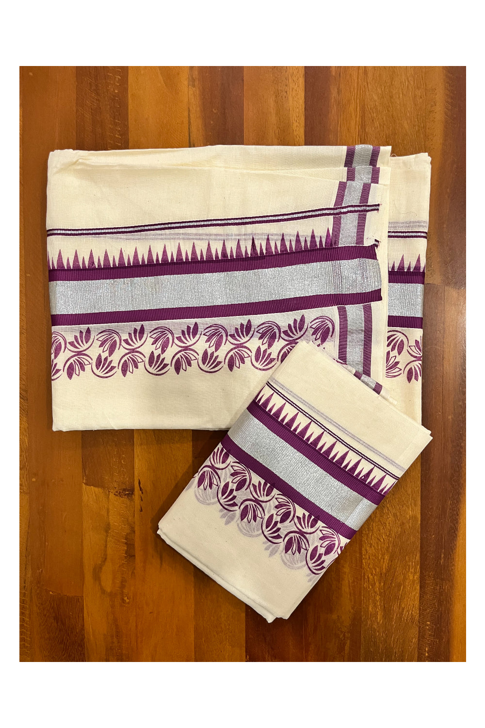 Kerala Pure Cotton Set Mundu Single (Mundum Neriyathum) with Purple Floral Temple Block Prints on Silver Kasavu Border