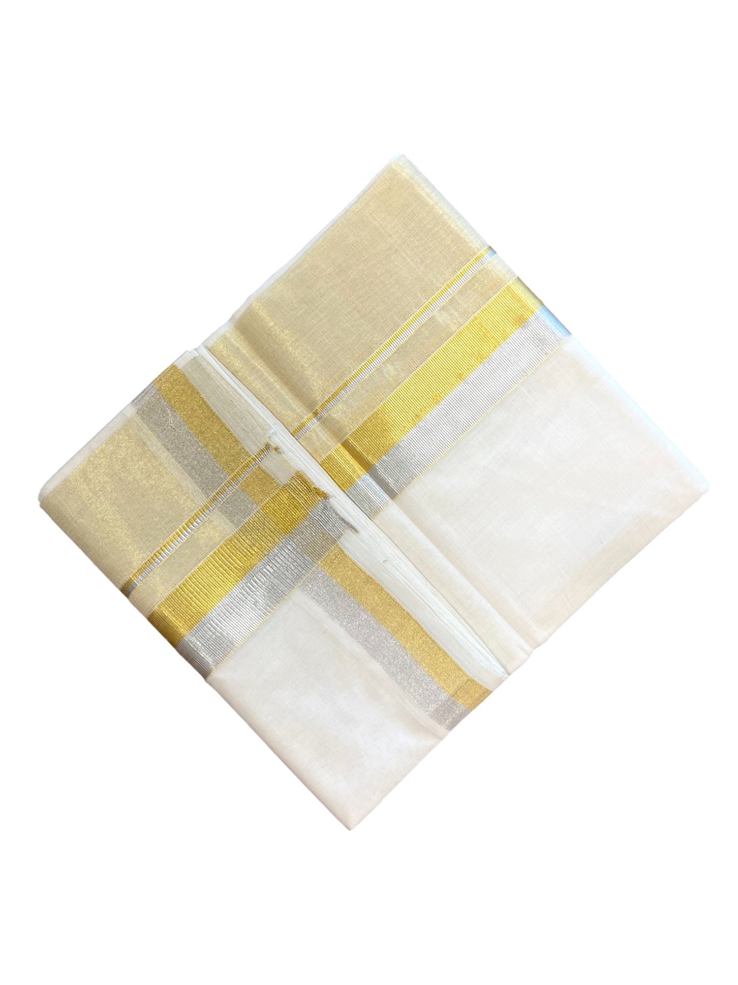 Southloom Premium Handloom Cotton Kasavu Double Mundu with Gold and Silver Border