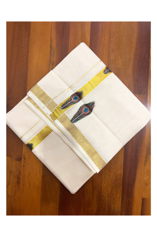 Pure Cotton Kasavu Mundu with Feather Mural Painted Design (Onam Mundu 2023)