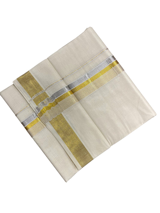 Southloom Kerala Pure Cotton Double Mundu with Silver Lines and Gold Border (South Indian Dhoti)