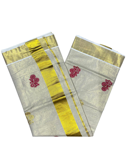 Southloom Kerala Tissue Kasavu Saree with Gold And Red Floral Embroidery Work on Body