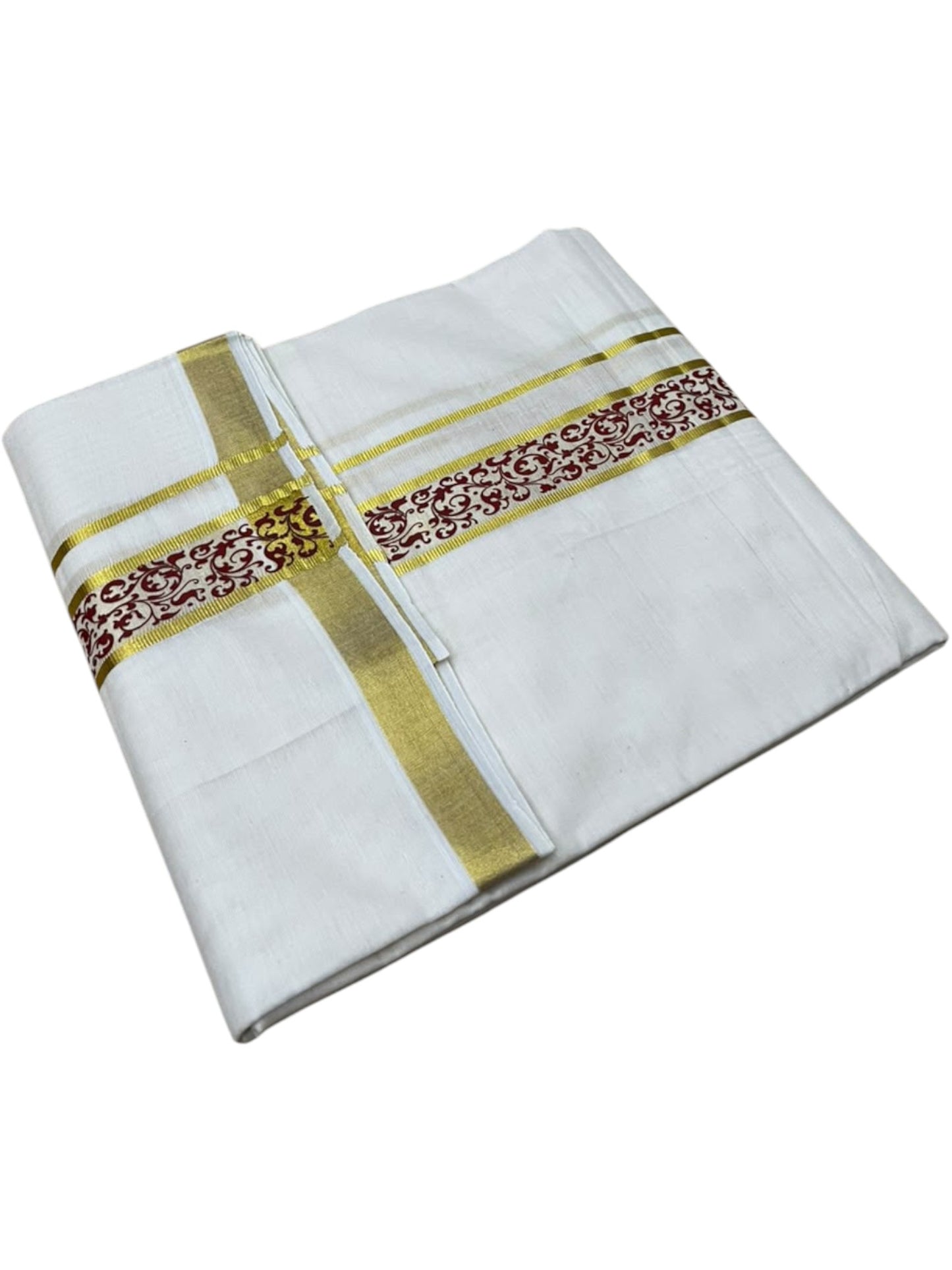 Southloom Pure Cotton Double Mundu with Maroon Block Printed And Ksavu Border (South Indian Kerala Dhoti)