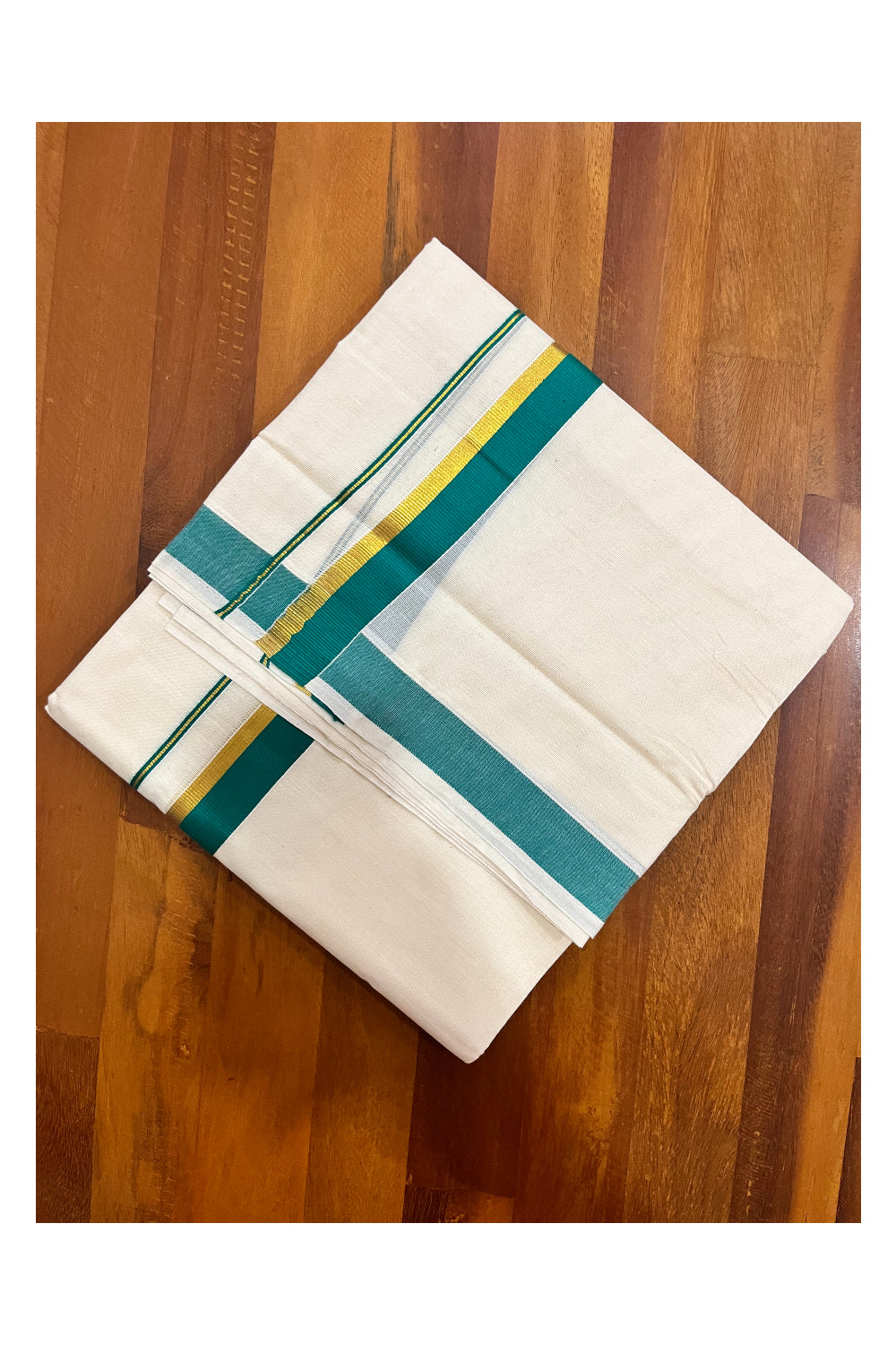 Pure Cotton Mundu with Green and Kasavu Border (South Indian Kerala Dhoti)