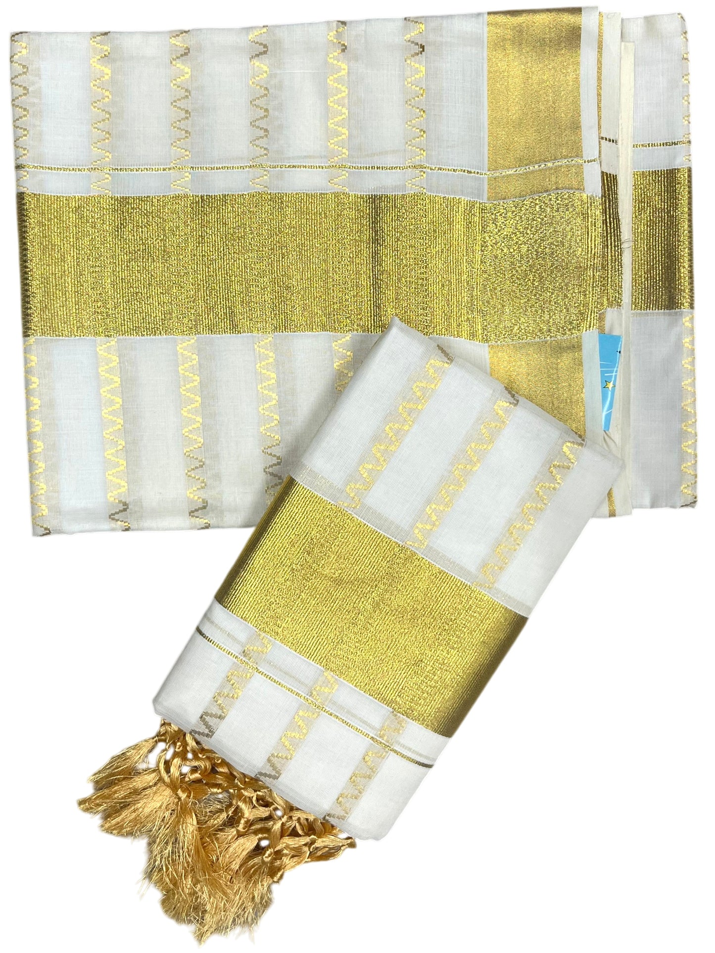 Southloom Cotton Kerala Kasavu Set Mundu (Mundum Neriyathum) with Golden Tassels 2.80 Mtrs