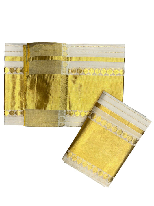 Southloom Handloom Premium Cotton Kasavu Stripes Set Mundu With Polka Woven Patterns On Border (Mundum Neriyathum) 2.80 Mtrs