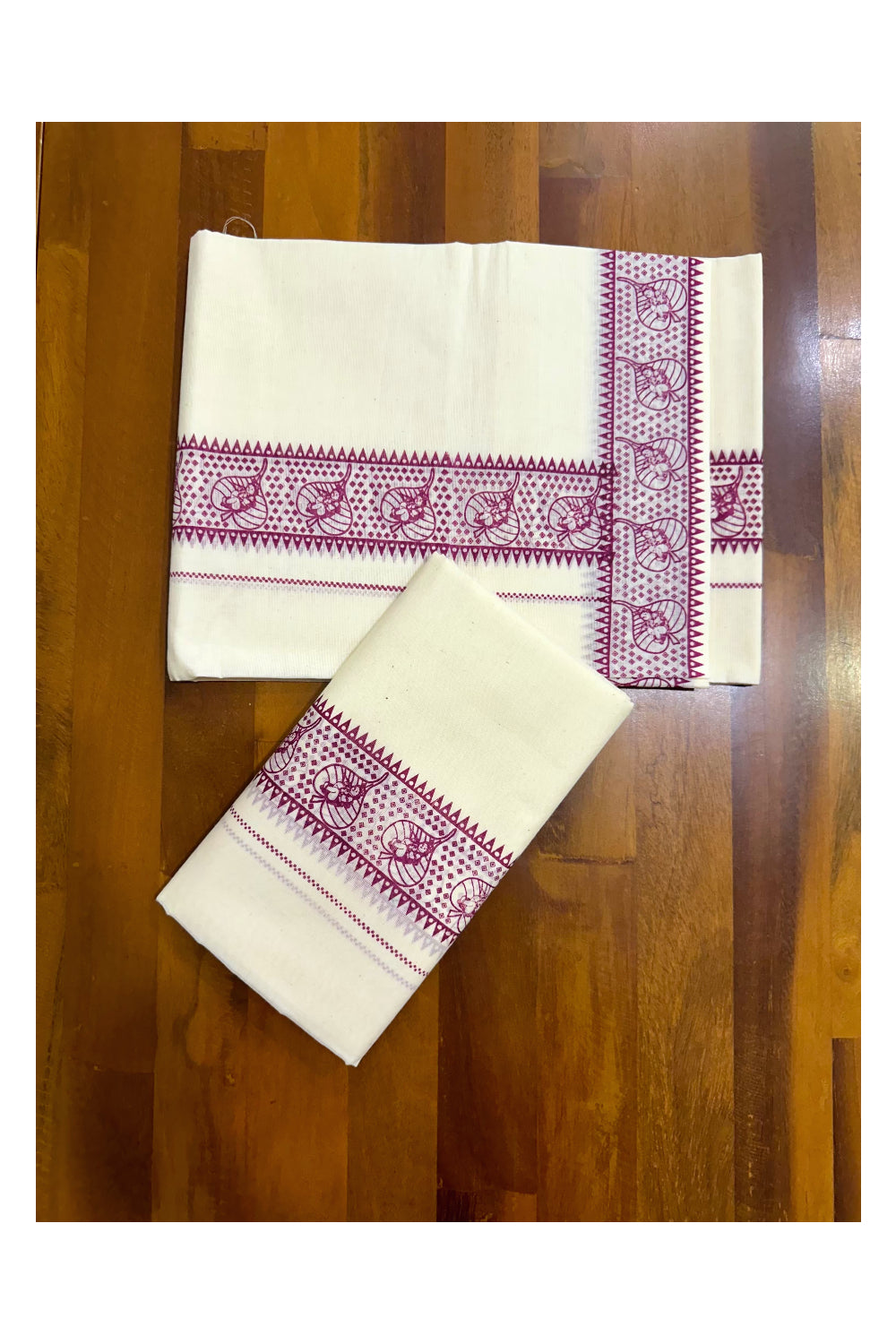 Pure Cotton Kerala Set Mundu with Magenta Block Printed Border