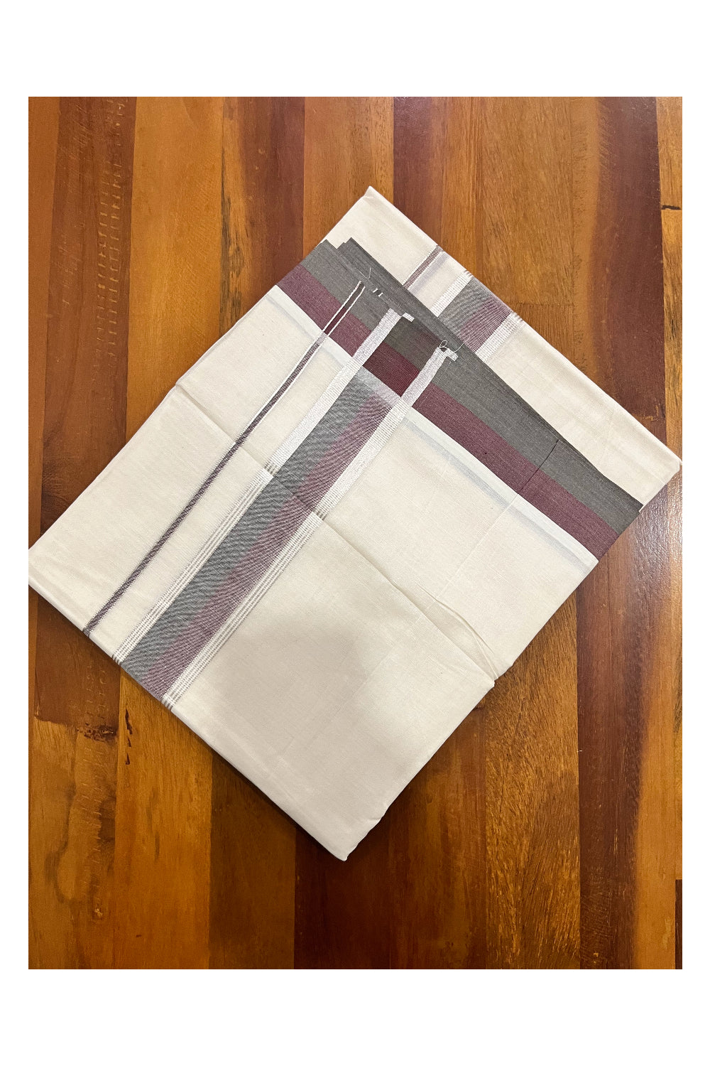 Kerala Pure Cotton Double Mundu with Maroon Grey and Silver Kasavu Border (South Indian Kerala Dhoti)