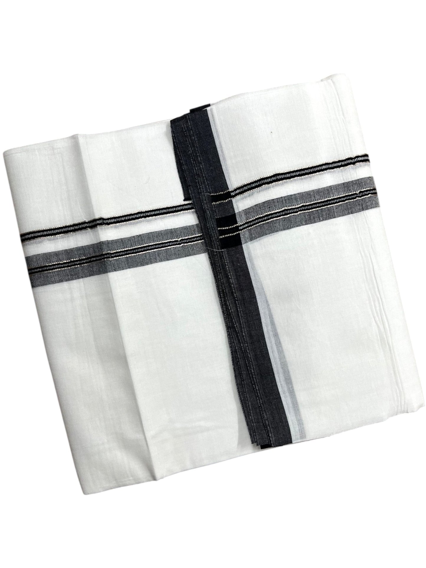 Southloom Pure White Cotton Mundu with Black & Silver Line Border (South Indian Kerala Dhoti)