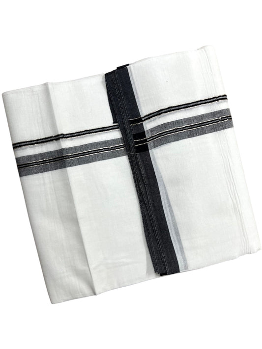 Southloom Pure White Cotton Mundu with Black & Silver Line Border (South Indian Kerala Dhoti)