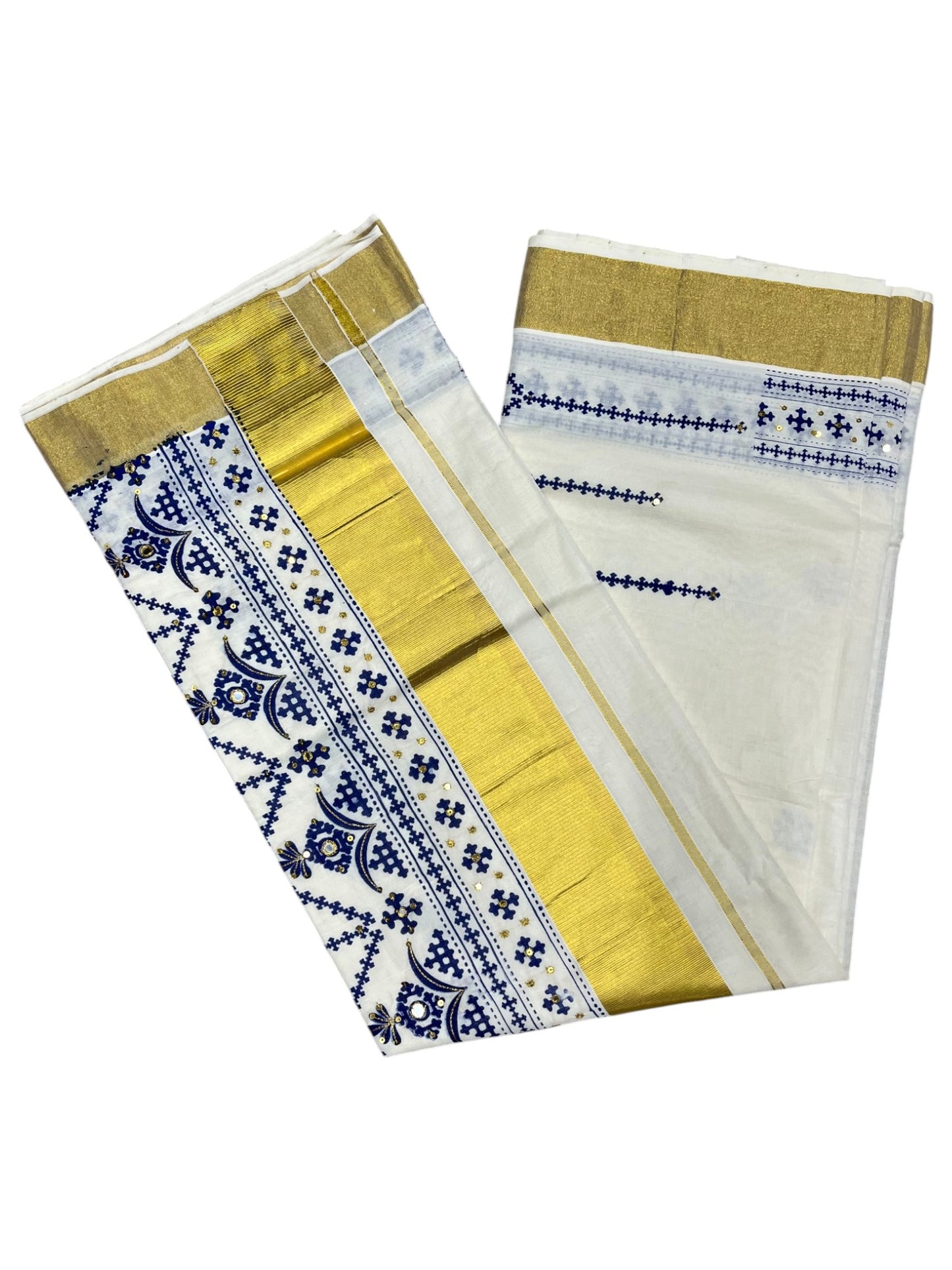 Southloom Pure Cotton Kerala Kasavu Saree with Blue Embroidery Designs