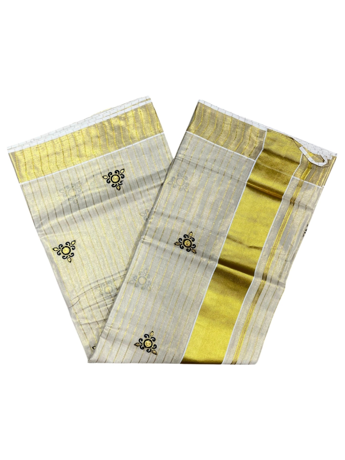 Southloom Tissue Kerala Kasavu Stripes Saree with Floral Embroidery Design in Black SL363