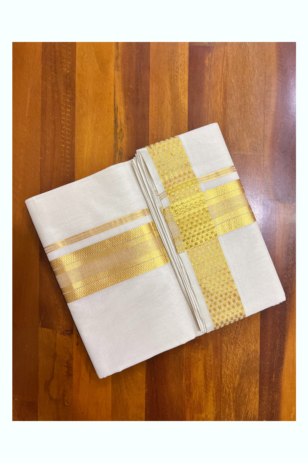 Southloom Super Premium Balaramapuram Unakkupaavu Handloom Double Mundu with Golden Kasavu Woven Border