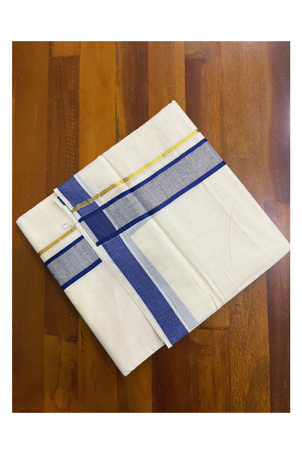 Kerala Pure Cotton Double Mundu with Dark Blue and Kasavu Border (South Indian Kerala Dhoti)