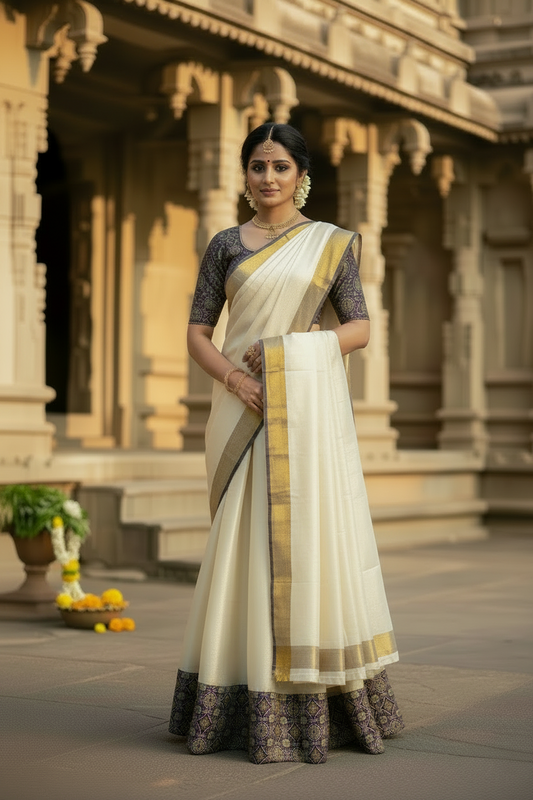 Southloom Semi Stitched Tissue Dhavani Set with Pavada and Ajrakh Blouse Piece