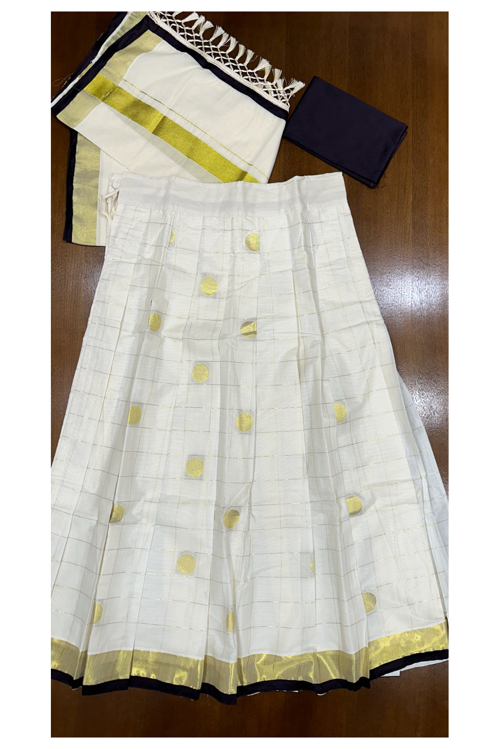 Southloom Cotton Semi Stitched Dhavani Set with Woven Check with Polka Dots Pavada and Black Blouse Piece