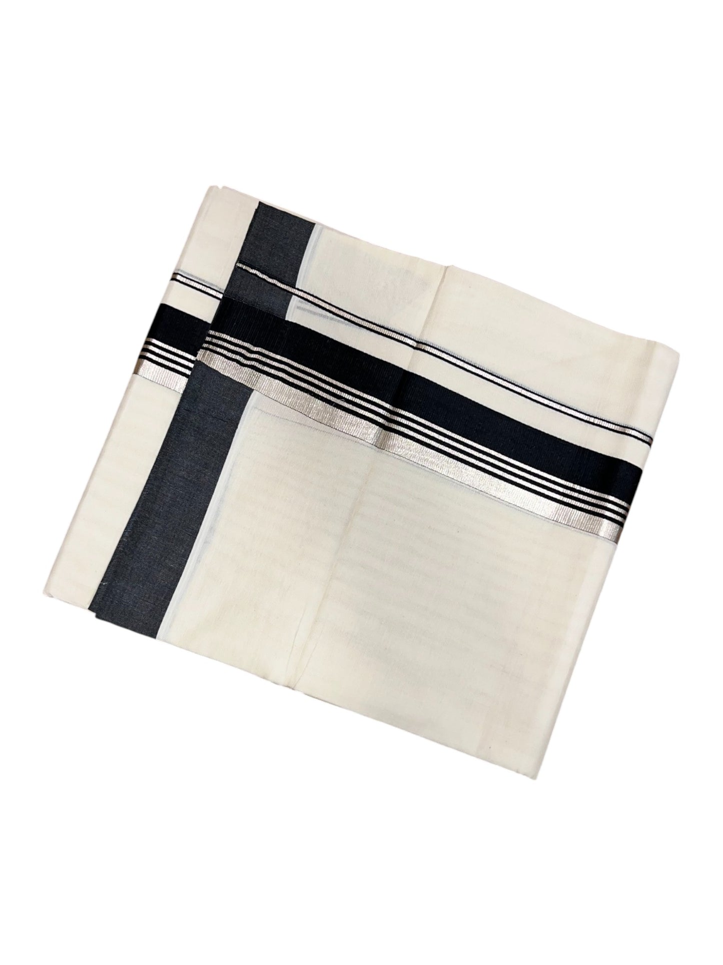 Southloom Pure Cotton  Double Mundu With Silver Kasavu &  Black Border (South Indian Kerala Dhoti)