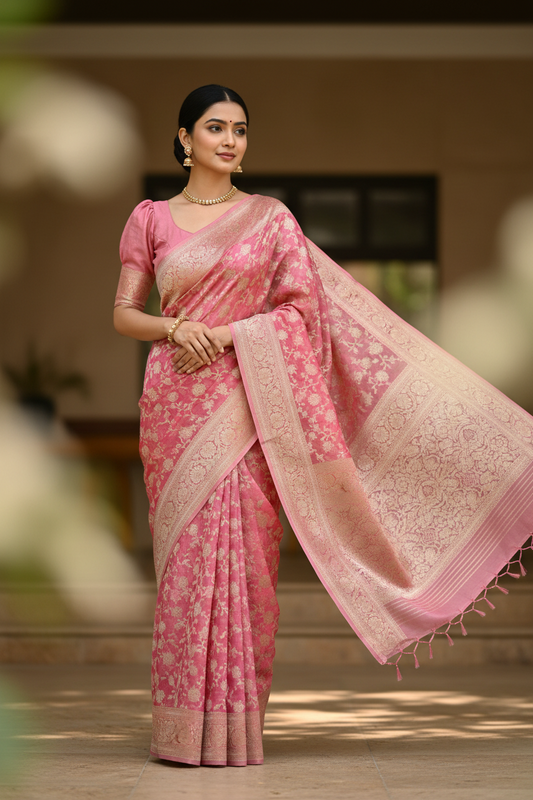 Southloom Cotton Banarasi Silk Saree with Woven Work on Body and Borders(Pink)
