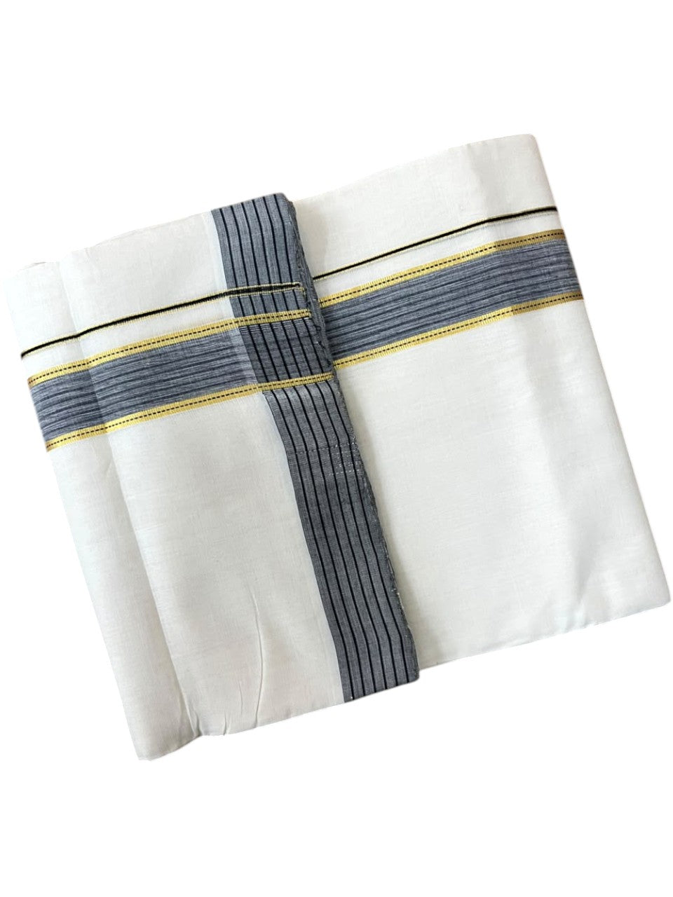 Southloom Balaramapuram Unakkupaavu Premium Handloom Cotton Double Mundu with Gold Kasavu and Black Border