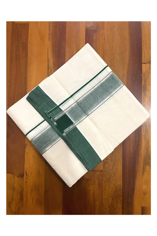 Southloom Premium Handloom Pure Cotton Mundu with Silver Kasavu and Green Border (South Indian Dhoti)