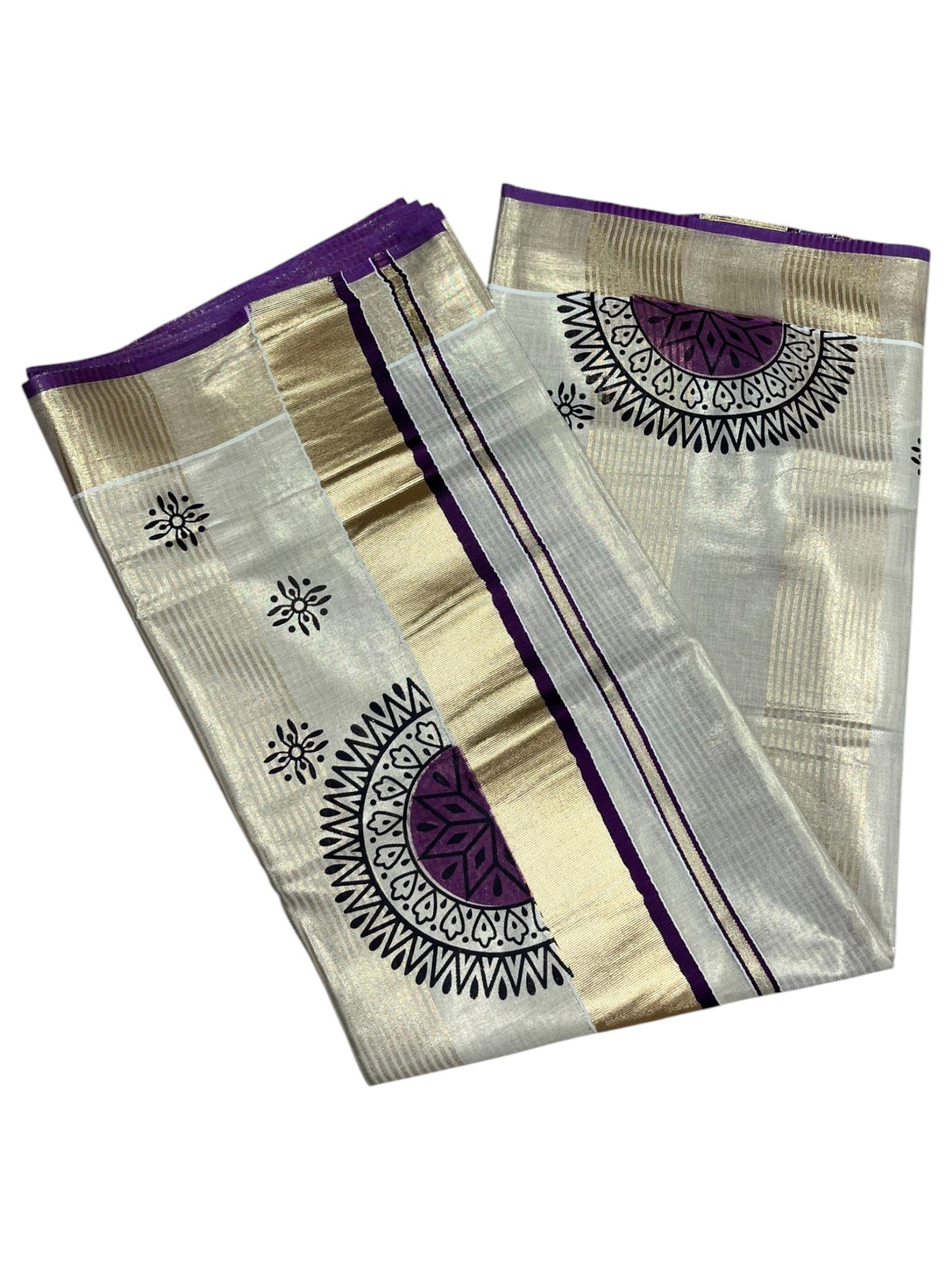 Southloom Tissue Kerala Kasavu Saree with Block Print on Body and Borders in Purple