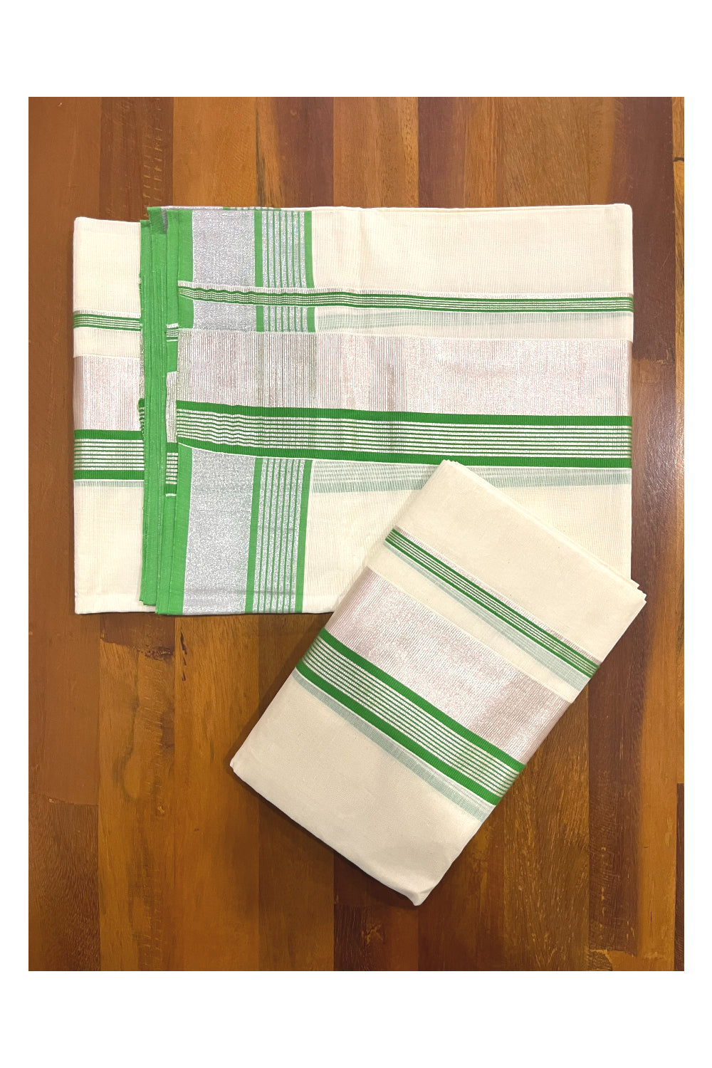 Kerala Cotton Mundum Neriyathum Single (Set Mundu) with Light Green and Silver Kasavu Border 2.80 Mtrs