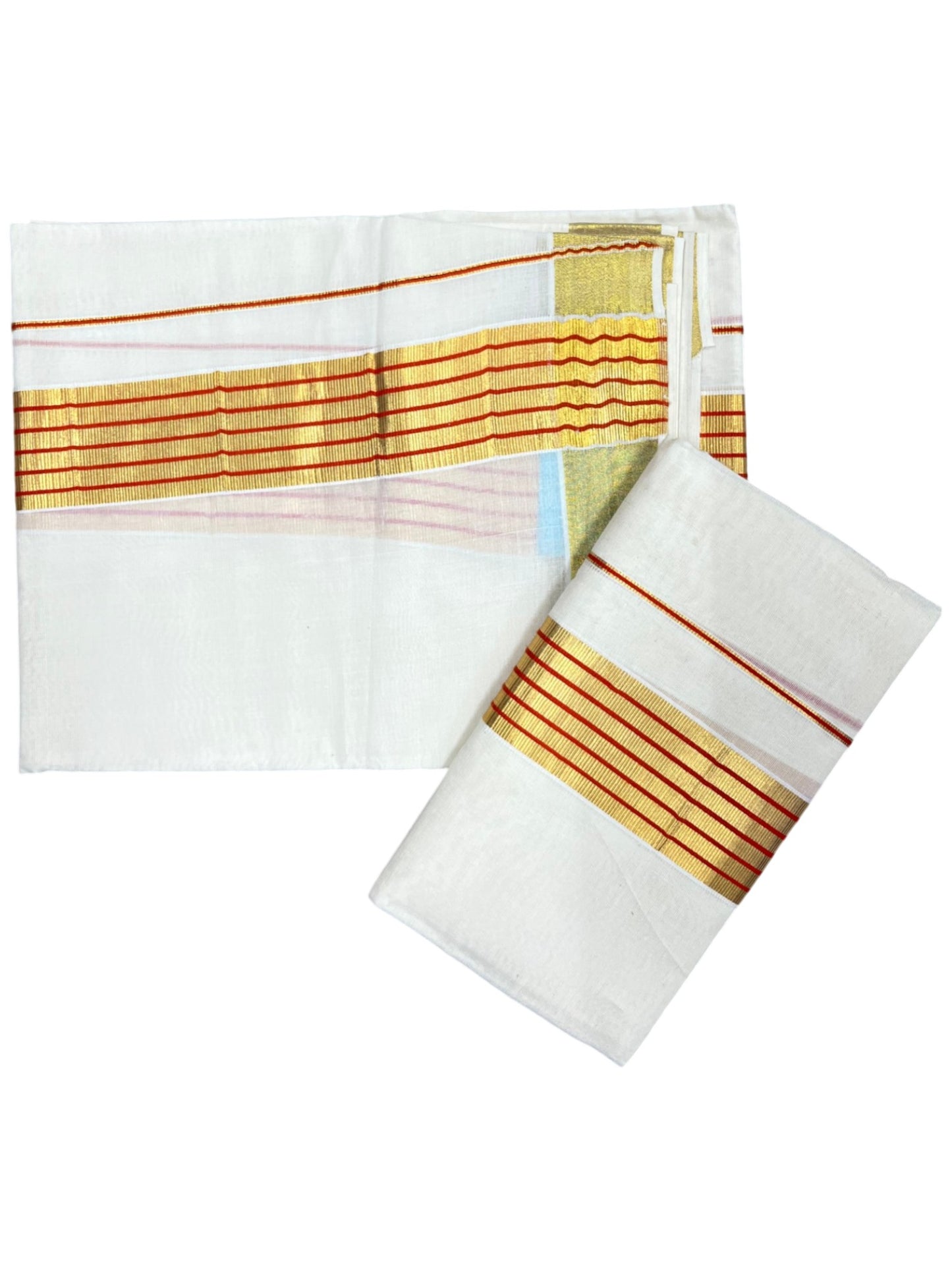 Southloom Pure Cotton Kerala Kasavu Single Set Mundu (Mundum Neriyathum) with Orange and Kasavu Border