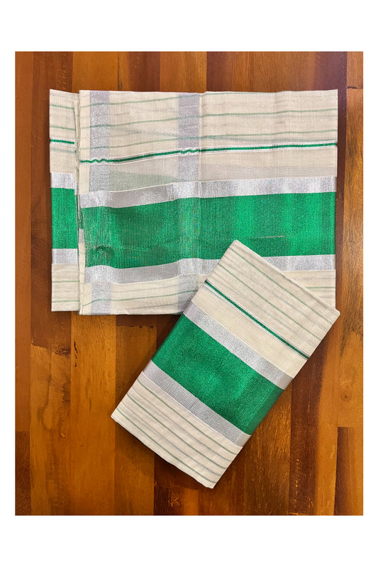 Kerala Cotton Set Mundu Single (Mundum Neriyathum) with Silver and Green Kasavu Lines Across Body 2.80 Mtrs