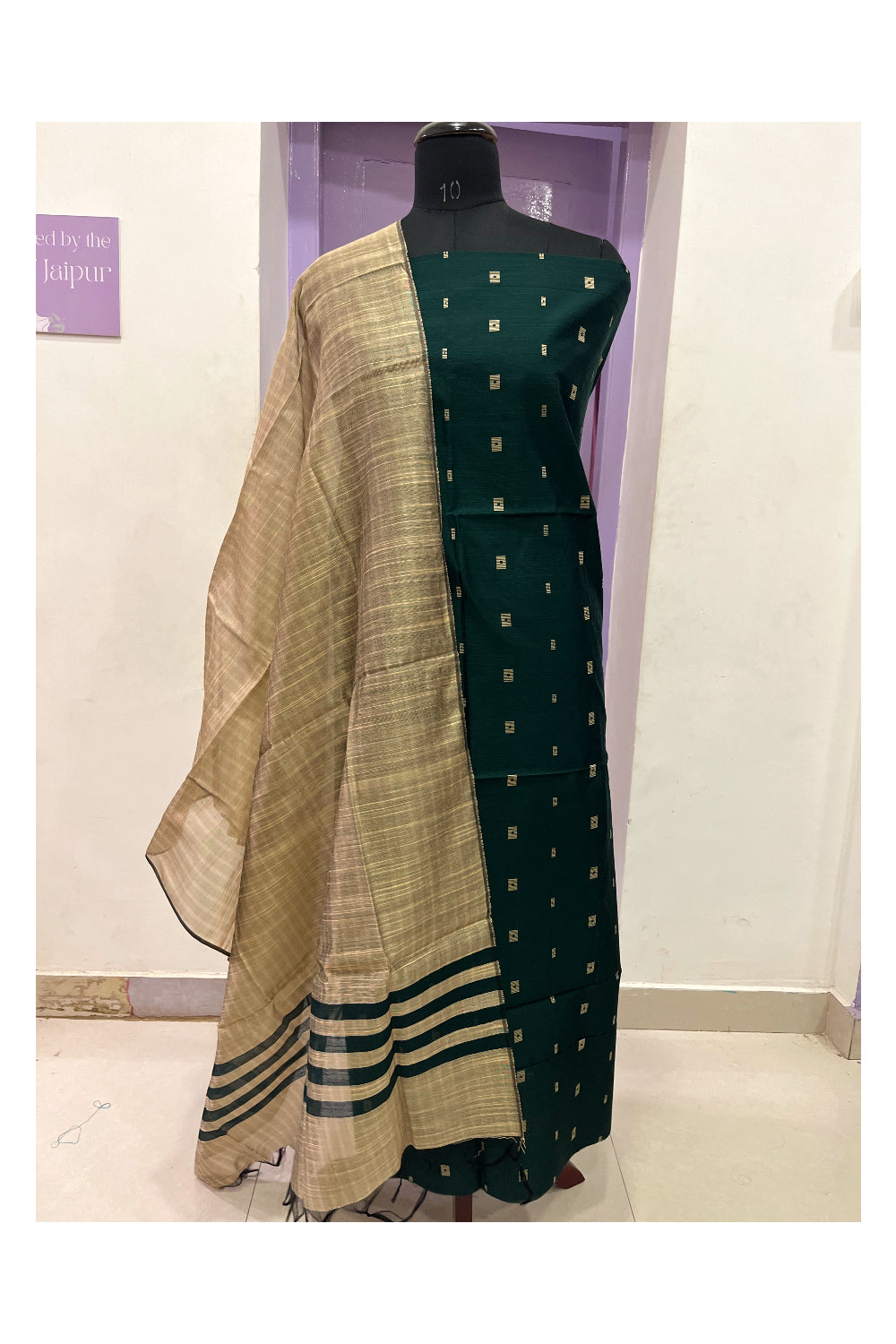 Southloom™ Cotton Dark Green Churidar Salwar Suit Material with Grey Duppatta