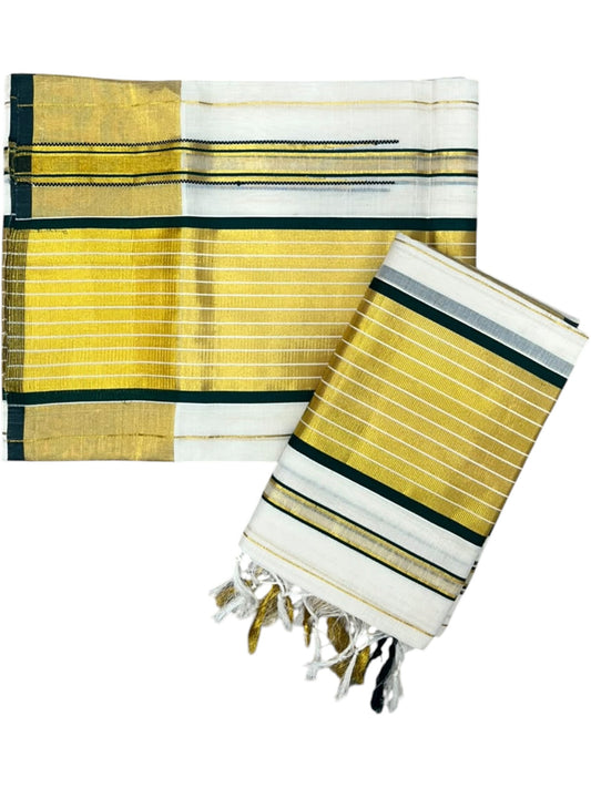 Southloom Premium Cotton Handloom Set Mundu with Chuttikara Kasavu With Green And Golden Border (2.80 Mtr) SL617