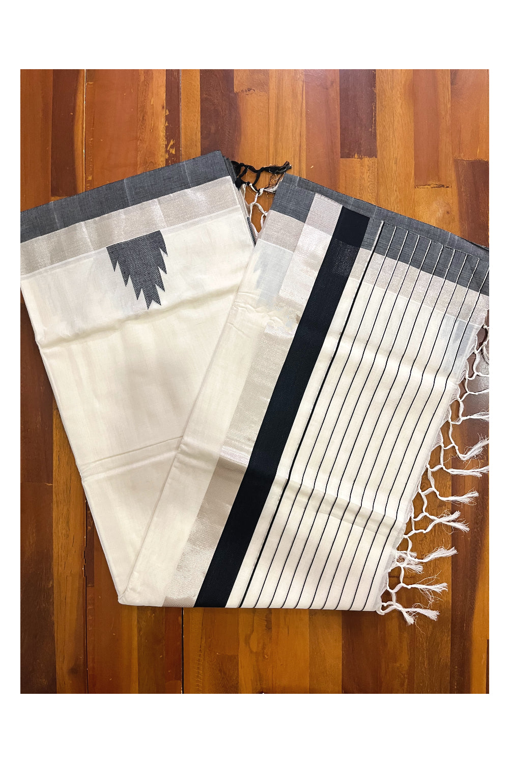 Southloom™ Premium Handloom Kerala Saree with Silver Kasavu and Black Temple Border