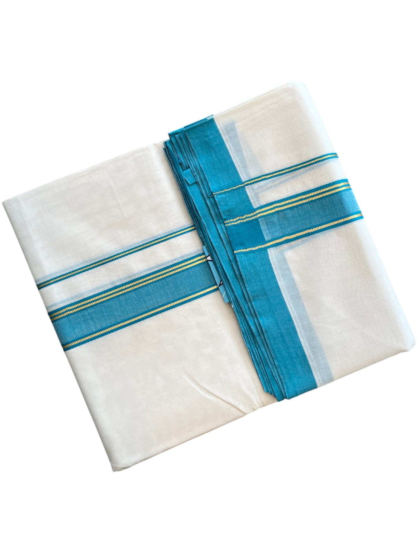 Southloom Pure Cotton Mundu with Golden Lines and Blue Border (South Indian Kerala Dhoti)