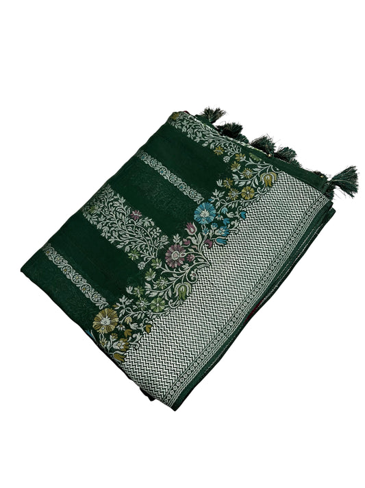 Southloom Banarasi Silk Saree with Woven Work on Body and Borders (Green & Purple)