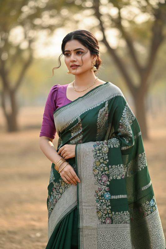 Southloom Banarasi Silk Saree with Woven Work on Body and Borders (Green & Purple)
