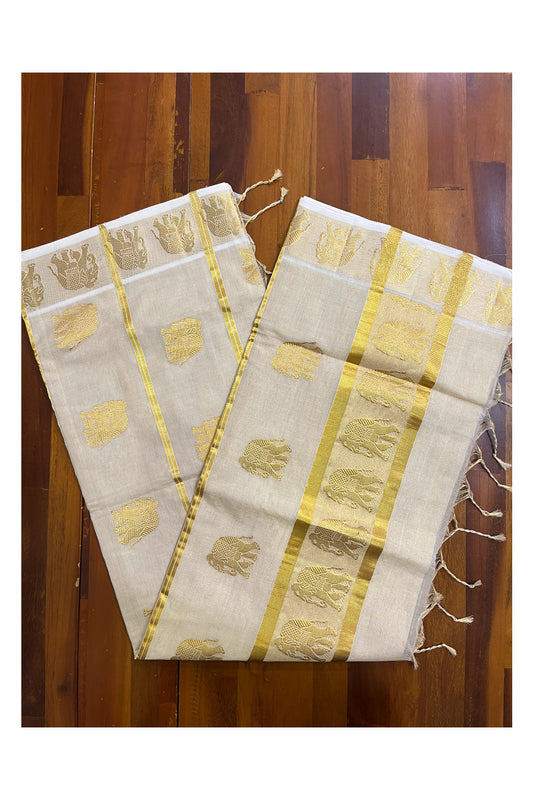 Southloom™ Premium Handloom Tissue Kasavu Saree with Elaphant Woven Designs