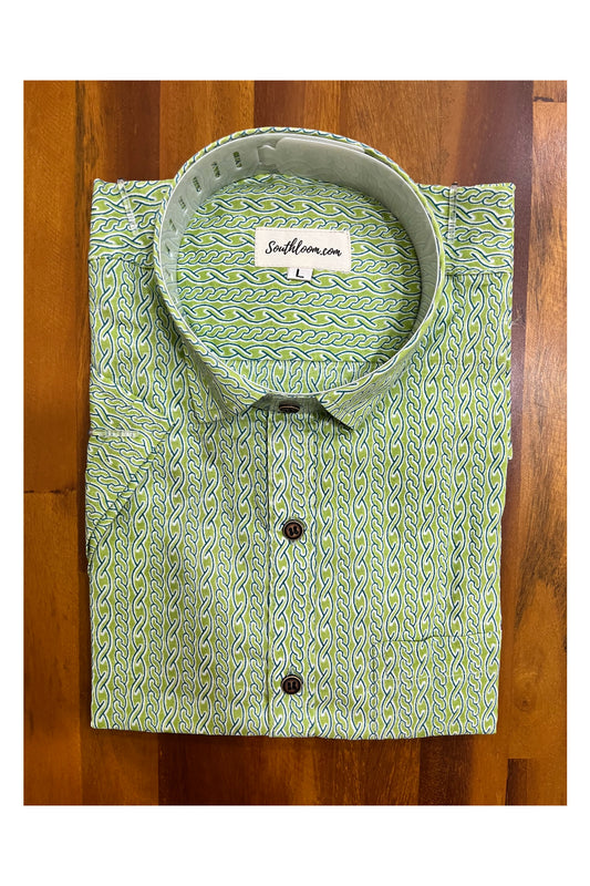 Southloom Jaipur Cotton Hand Block Printed Light Green  Shirt (Half Sleeves)