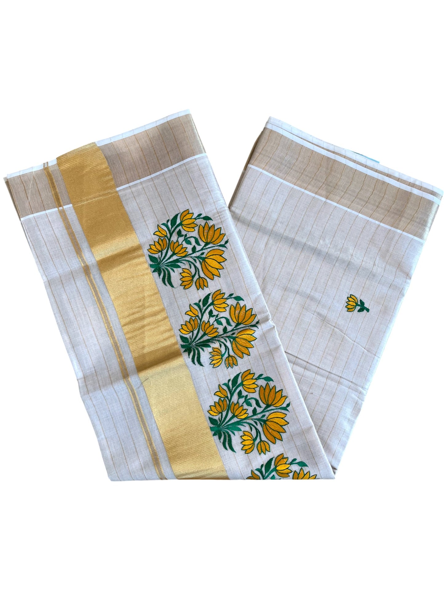 Southloom Kerala Tissue Stripes Kasavu Saree Yellow Floral Embroidery Design