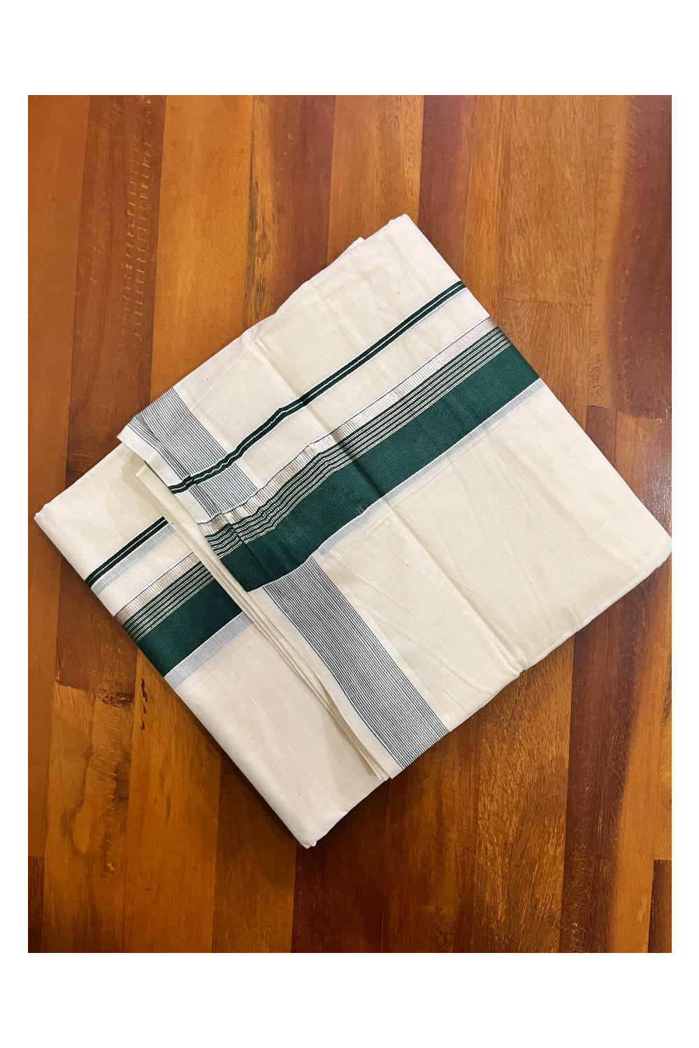 Off White Kerala Cotton Double Mundu with Silver Kasavu and Dark Green Border (South Indian Kerala Dhoti)