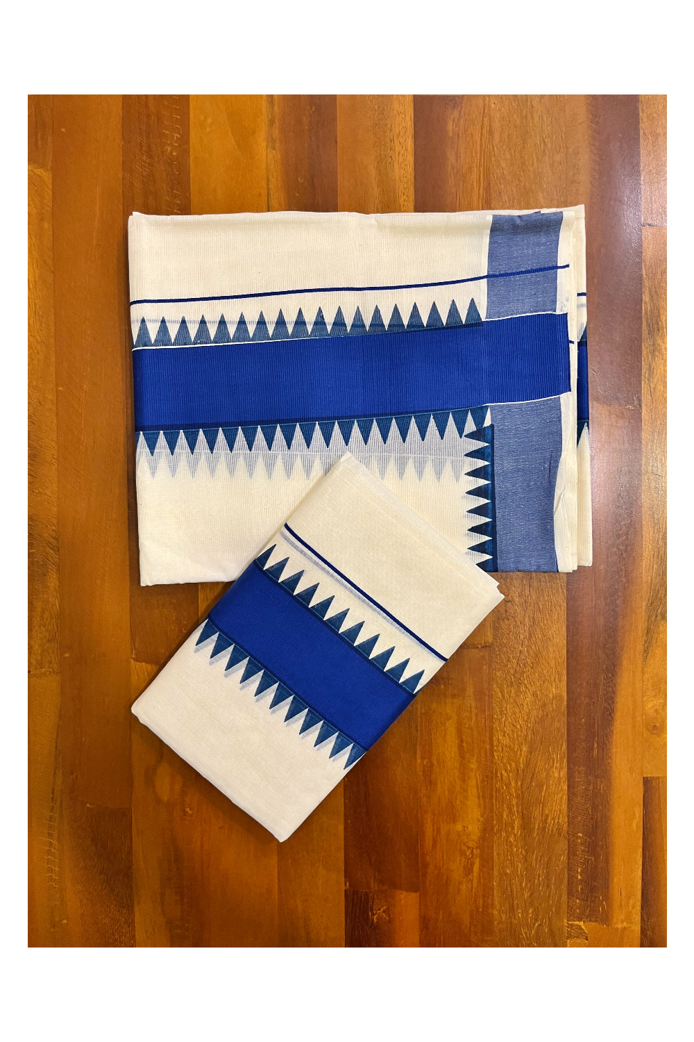 Kerala Pure Cotton Set Mundu Single (Mundum Neriyathum) with Blue Temple Border