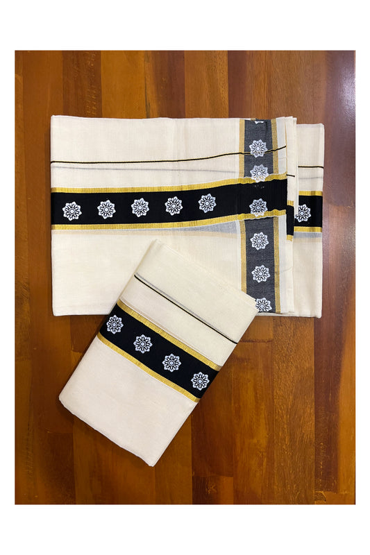 Kerala Cotton Single Set Mundu (Mundum Neriyathum) with Block Prints on Black and Kasavu Border - 2.60Mtrs