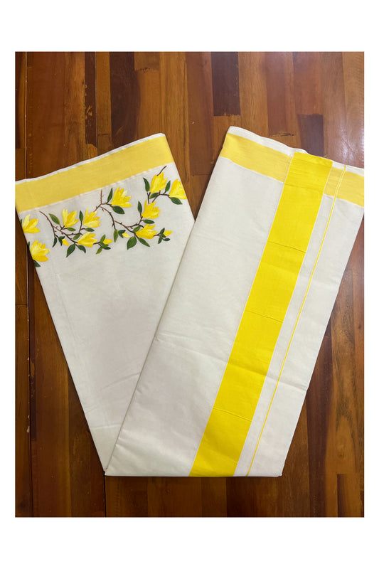 Kerala Cotton Saree with Yellow Border and Kani Konna Hand Painted Designs